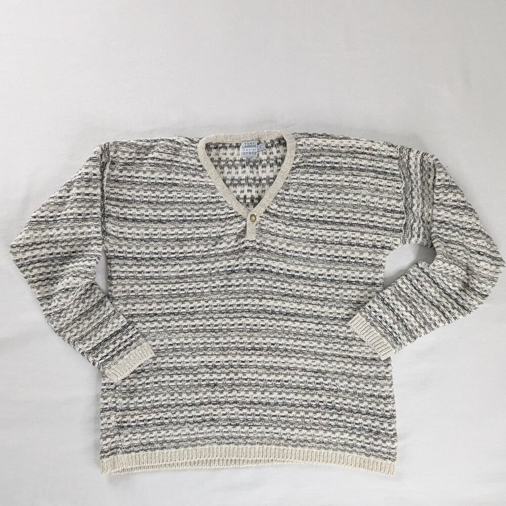 VTG Cream Gray Black Chunky Knit V Neck Stripe Cozy Sweater